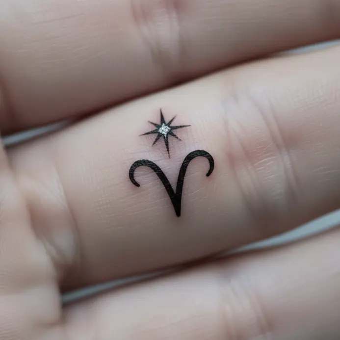 A small, simple Aries zodiac glyph tattooed on the side of a finger with a single dot star accent.