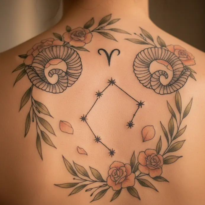 An illustrative back piece where the Aries constellation lines are woven through vines and blooming flowers.