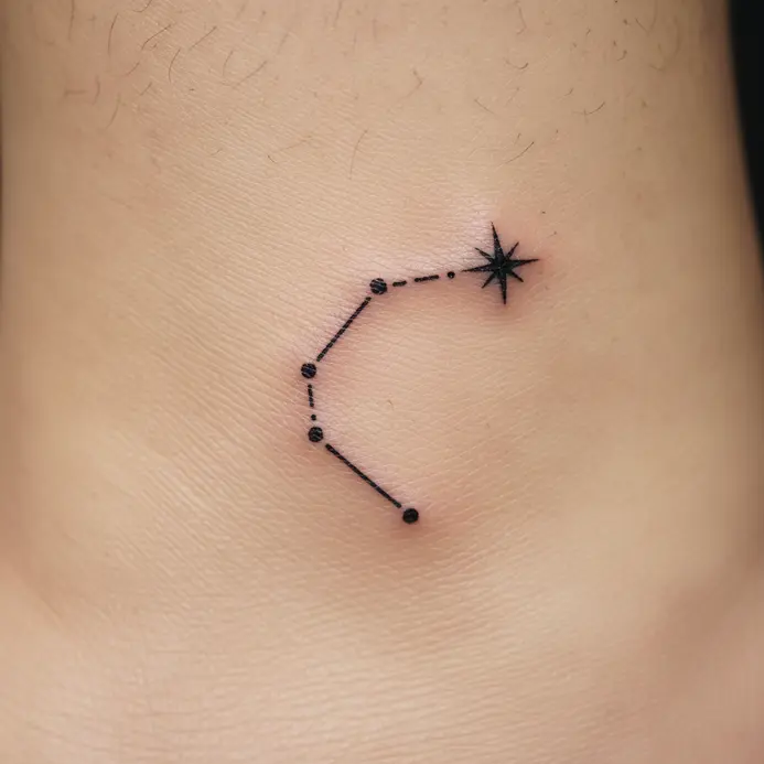 A tiny, precise map of the Aries constellation tattooed on the outer ankle bone.