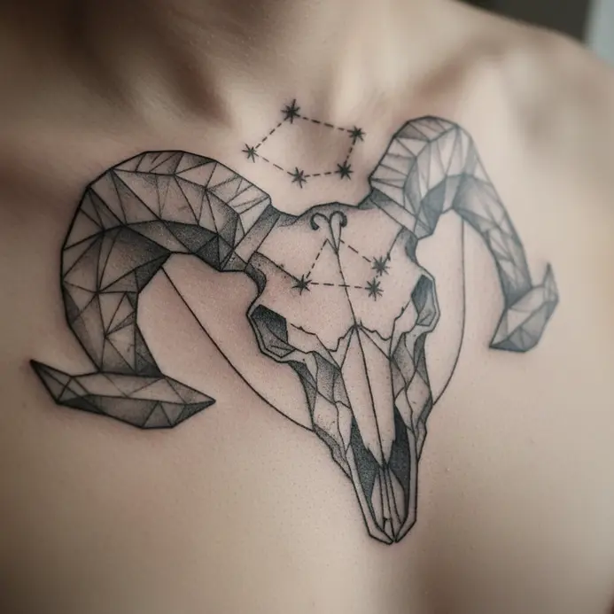 A stylized ram skull composed of geometric lines and shapes, with the Aries constellation integrated into the design on the chest.