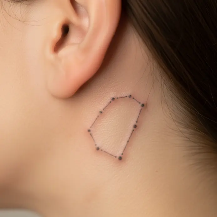 An extremely fine, single-needle tattoo of the Aries constellation placed discreetly behind the ear.