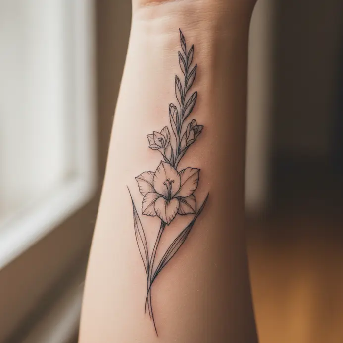 A single, detailed gladiolus stem rendered in fine black lines flows down a forearm.