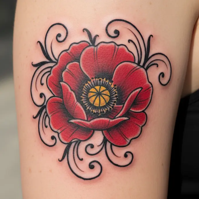 A vibrant neo traditional poppy with rich color and decorative filigree sits on an upper arm.