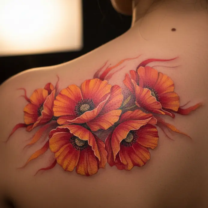 A soft cluster of red and orange poppies painted in a watercolor style rests on a shoulder blade.