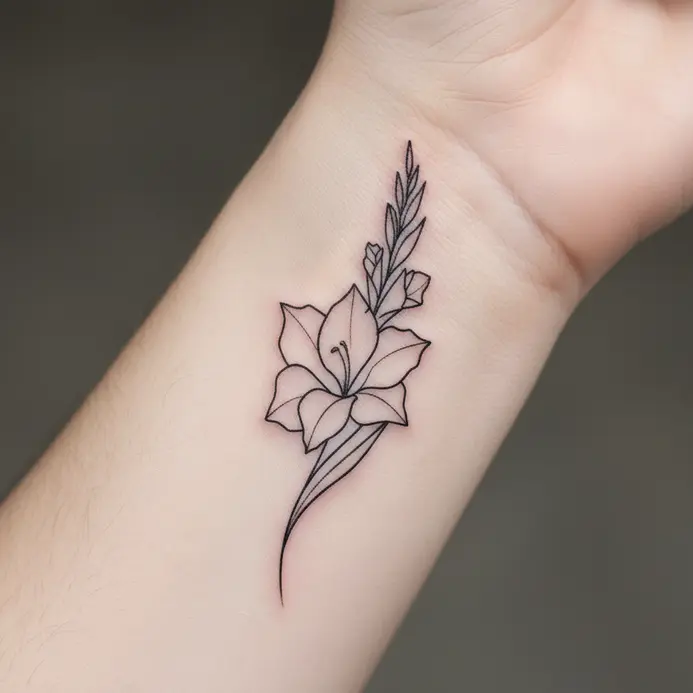 A single-line geometric outline of a gladiolus flower wraps around a wrist.
