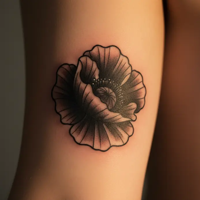 A bold, traditional-style poppy with heavy black shading and clean lines sits on an inner bicep.