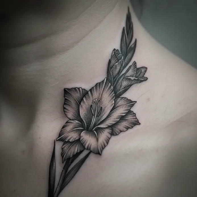 A small, hyper-realistic gladiolus bloom with intricate petal detail follows the curve of a collarbone.