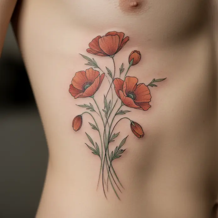 A loose bouquet of illustrative poppies with delicate stems and leaves adorns a ribcage.