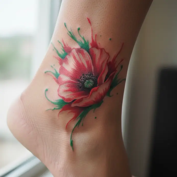 An abstract poppy with splashes of red and green color wraps around an ankle.