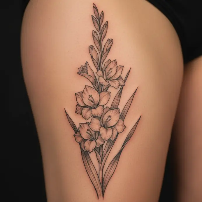 A detailed botanical sketch of a gladiolus, as if from a field guide, wraps around the curve of a thigh.