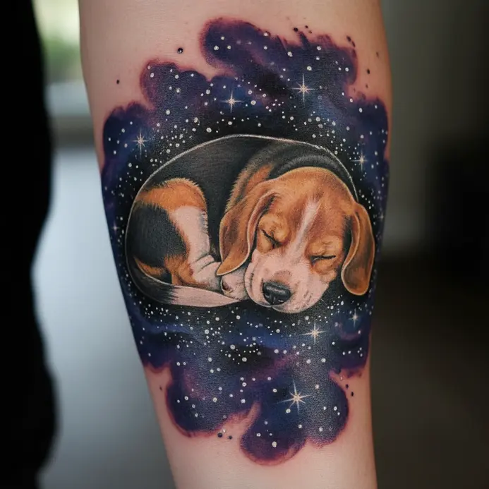 A tattoo depicting a sleeping beagle under a night sky filled with stars and a galaxy.