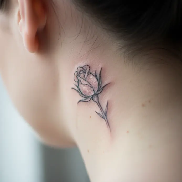 A delicate, single-line drawing of a rosebud placed subtly behind a woman's ear.