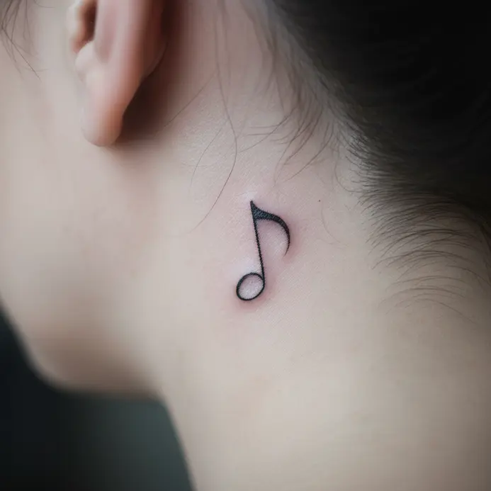 A single, minimalist musical note drawn with a fine line behind the ear.