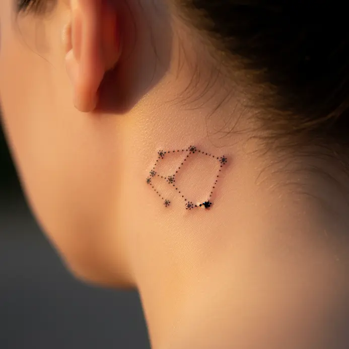 A small constellation pattern, such as Libra or Gemini, created with delicate dots behind the ear.