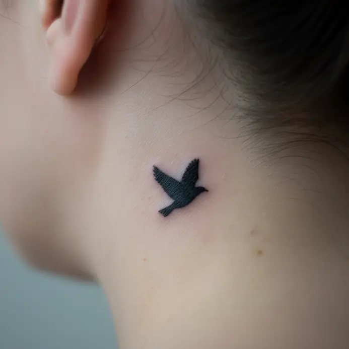A simple, solid black silhouette of a small bird in mid-flight placed behind the ear.