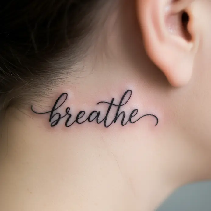 The word breathe tattooed in a flowing script font along the curve behind the ear.
