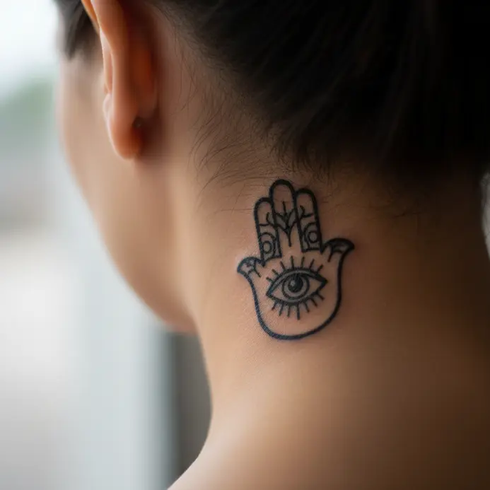 A simplified, outline version of a traditional Hamsa hand symbol tattooed behind the ear.