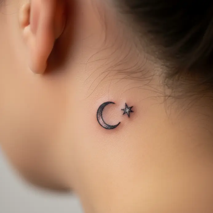 A small, simple tattoo featuring a crescent moon paired with a tiny star behind the ear.