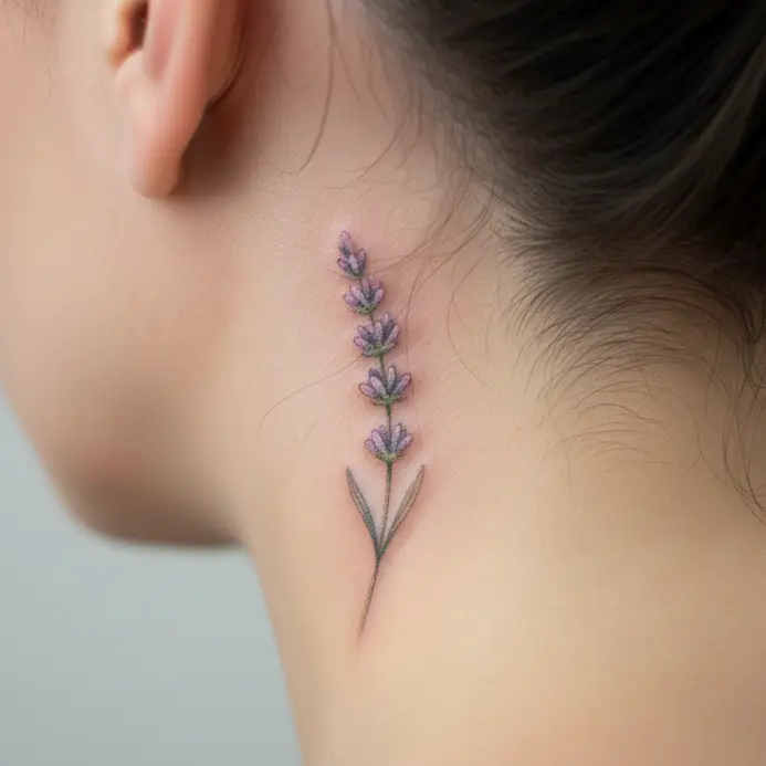 A minimalist line drawing of a lavender stem with small buds, curving behind the ear.