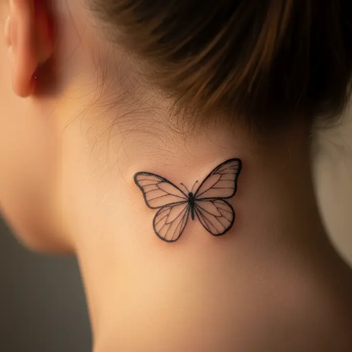 A clean, single-line outline of a butterfly wing placed behind the ear lobe.