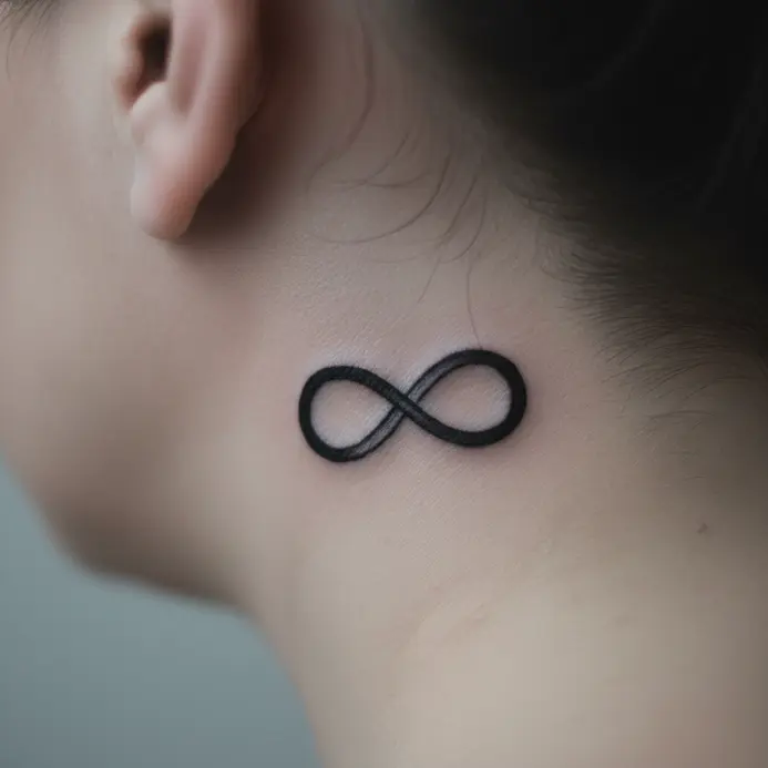 A simple, interlocking infinity symbol rendered in a single continuous line behind the ear.