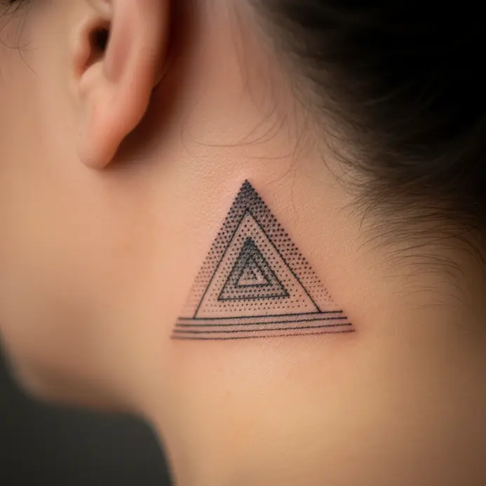 A small tattoo of a triangle formed by three precise dots behind the ear.