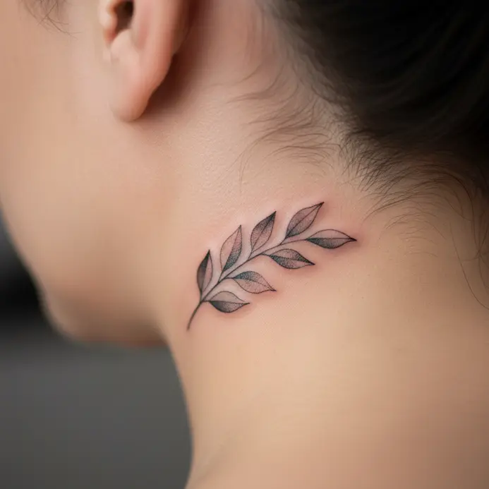 A delicate branch of eucalyptus leaves drawn with fine lines, fitting behind the ear.