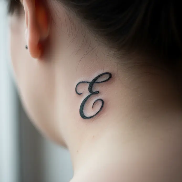 A single, elegantly scripted letter tattooed in a small size behind the ear.