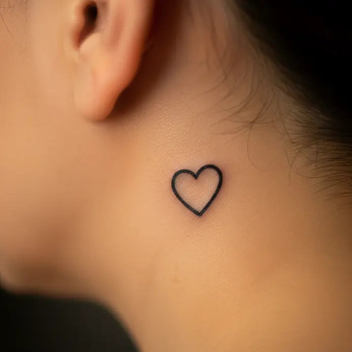 A petite, unfilled outline of a heart tattooed just behind the ear.