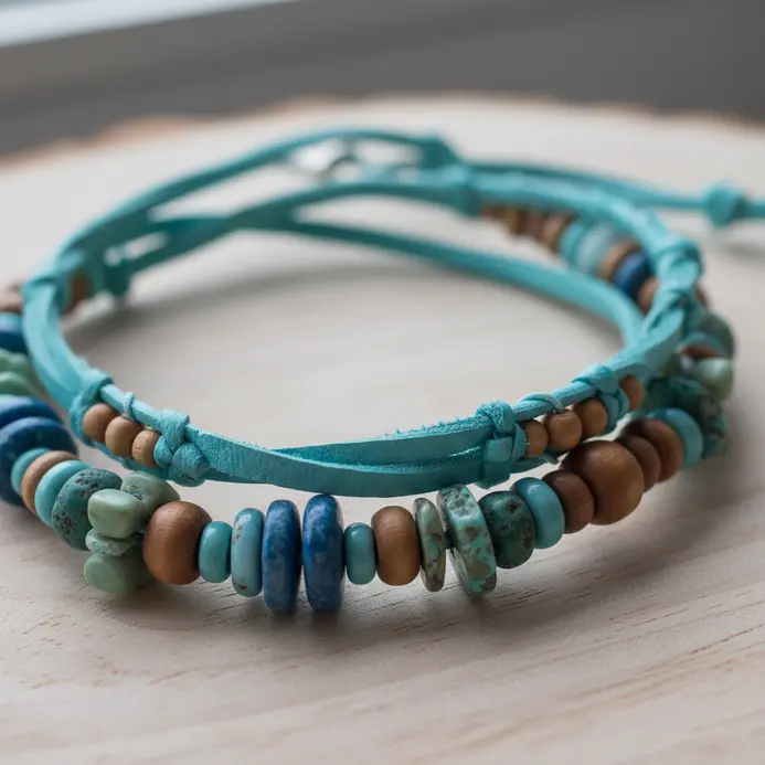 A close-up view of a raw, blue-green turquoise stone pendant hanging from a thick, braided leather cord.