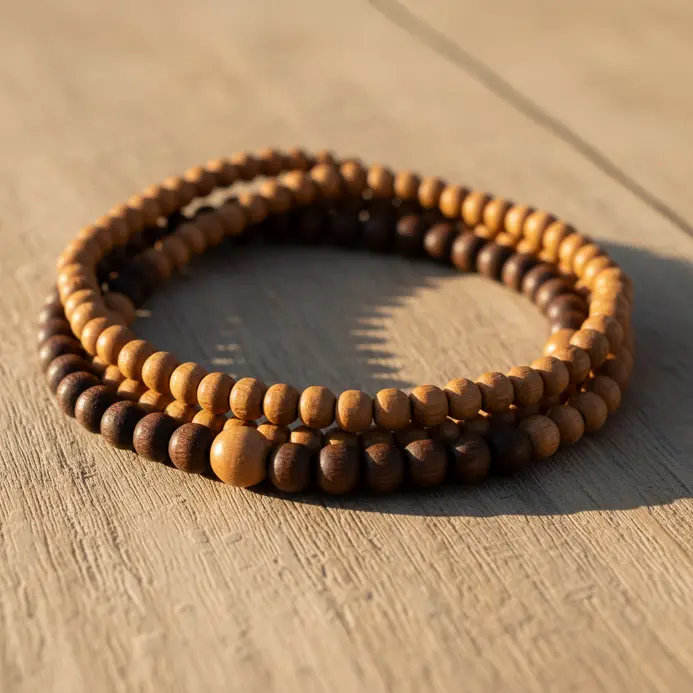 A model wearing multiple long strands of smooth, brown wooden mala beads of varying sizes.