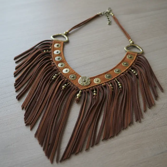 A wide, bib-style necklace made from layers of soft suede strips cut into long fringe.