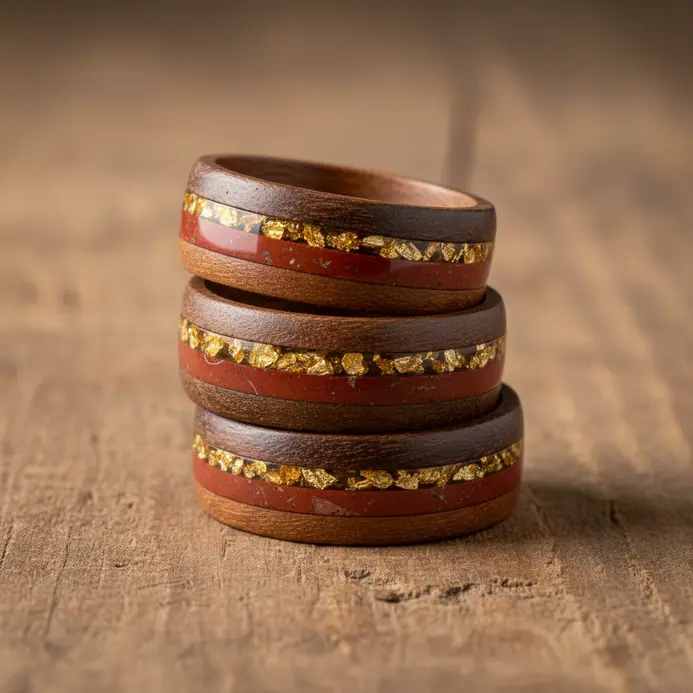 Several slim rings stacked on a finger, made from alternating bands of red jasper and dark wood.