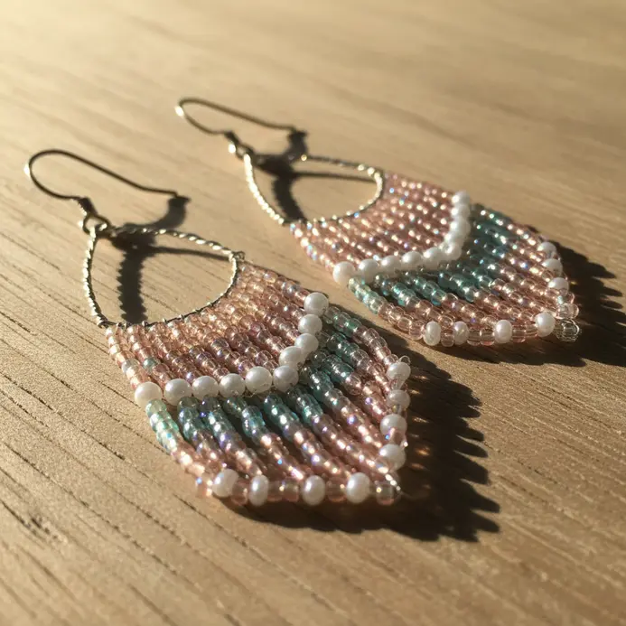 A pair of earrings with a top bead from which multiple strands of intricately woven seed beads dangle.