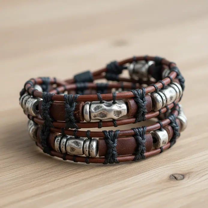 A bracelet made by wrapping a long leather cord around the wrist, secured with a metal bead and toggle.