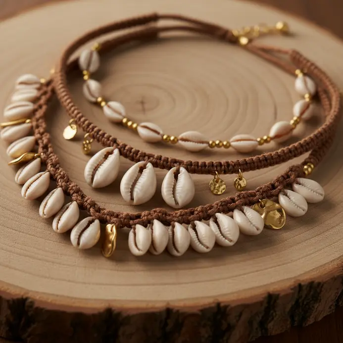 A model wearing a layered choker featuring cowrie shells in varying sizes on multiple strands of cord.
