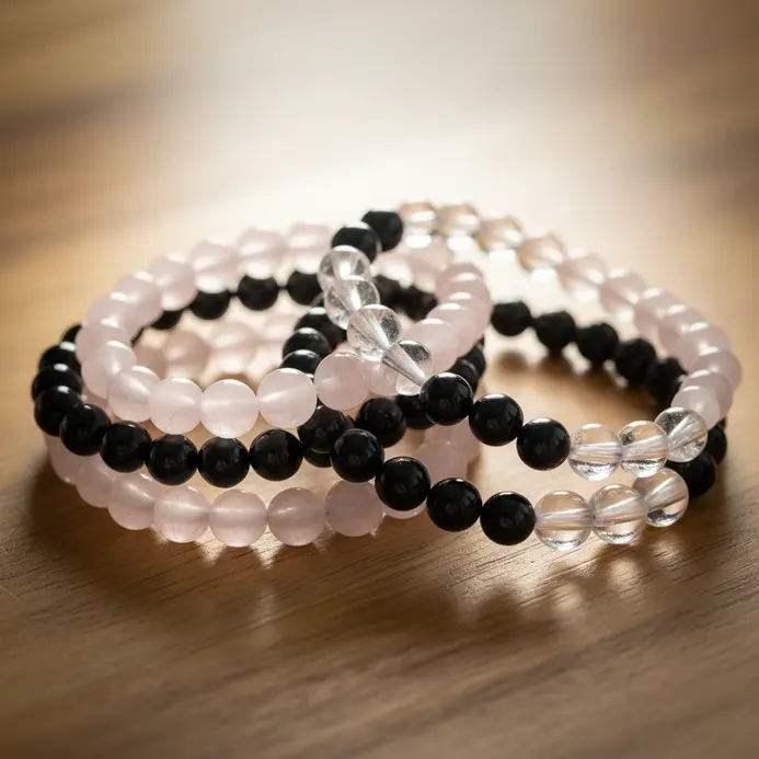 A wrist stacked with several elastic bracelets, each featuring a different type of polished stone bead.