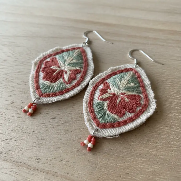 Earrings made from miniature, brightly embroidered fabric patches shaped like flowers, attached to hooks.