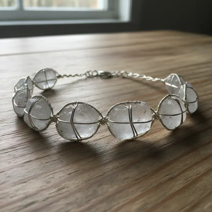 A short, close-fitting choker with a central cluster of small clear quartz crystals wrapped in silver wire.