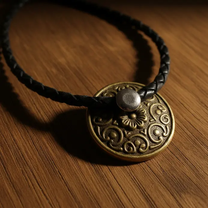 A single, ornate vintage brass button converted into a pendant and hung on a simple black cord.