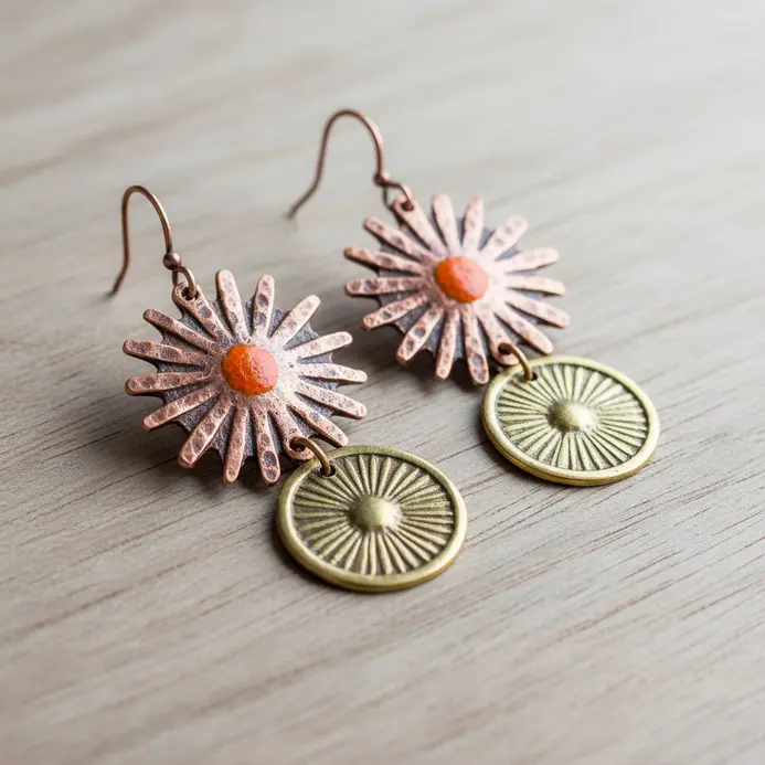 A pair of earrings where several small, hammered metal coins radiate from a center point like a sun.