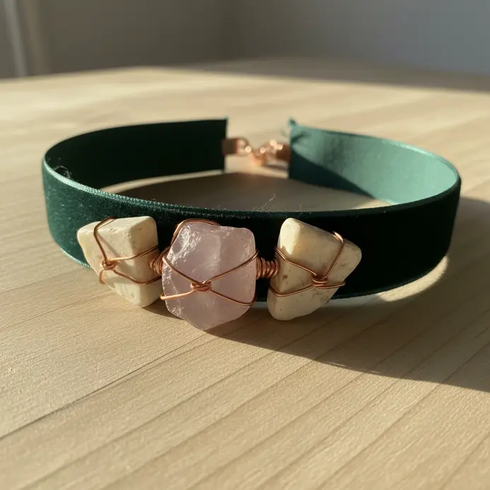 A deep green velvet ribbon tied around the neck, securing a rough, unpolished rose quartz point at the front.