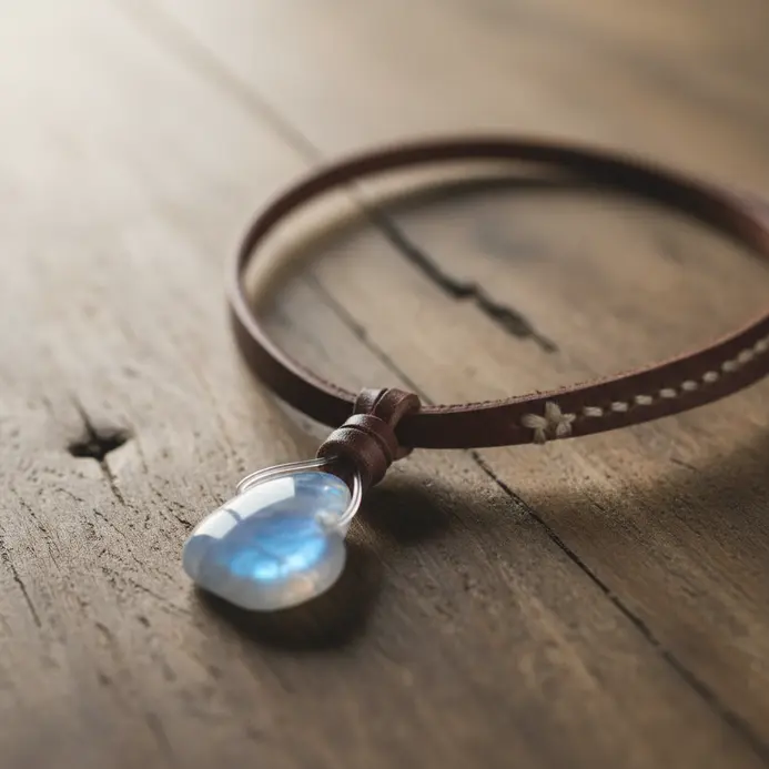 A long leather cord necklace where a milky blue moonstone is suspended in a nearly invisible wire cage.