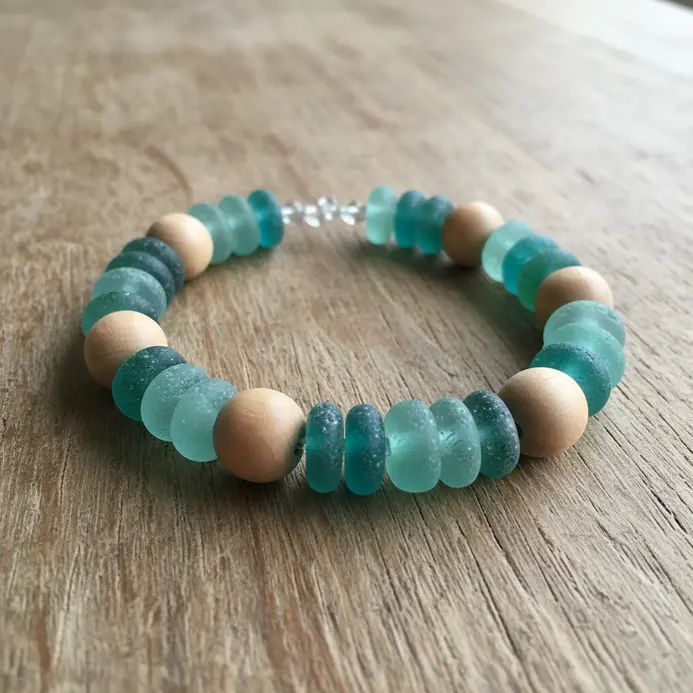 An ankle bracelet featuring alternating round wooden beads and small, turquoise glass beads on elastic.