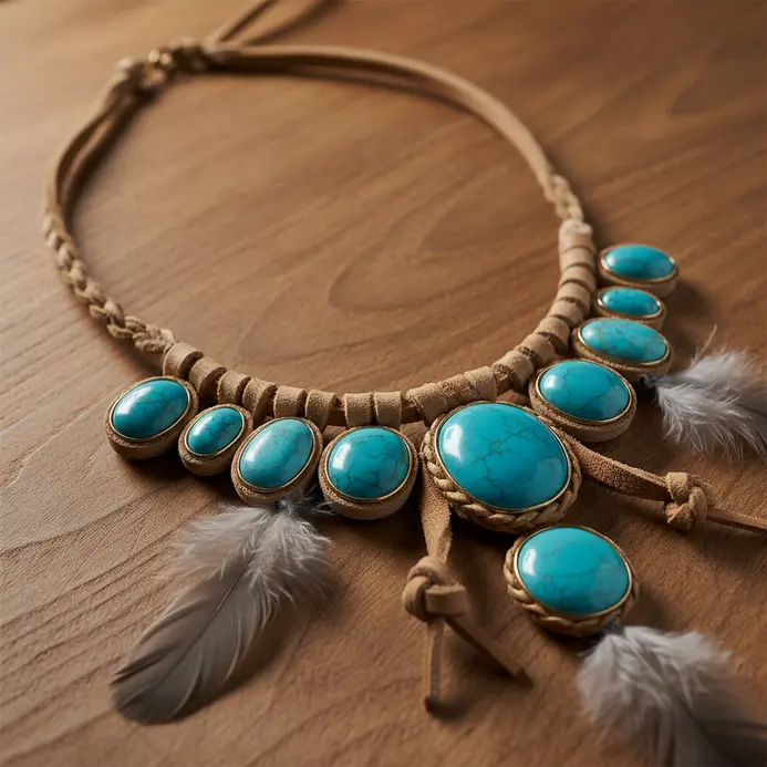 A long, layered necklace featuring several polished turquoise beads and natural feathers dangling at different lengths.