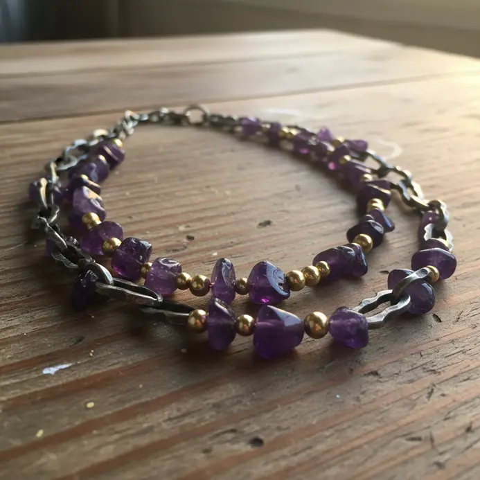 A bohemian necklace with several strands of purple amethyst crystals and small gold spacer beads.