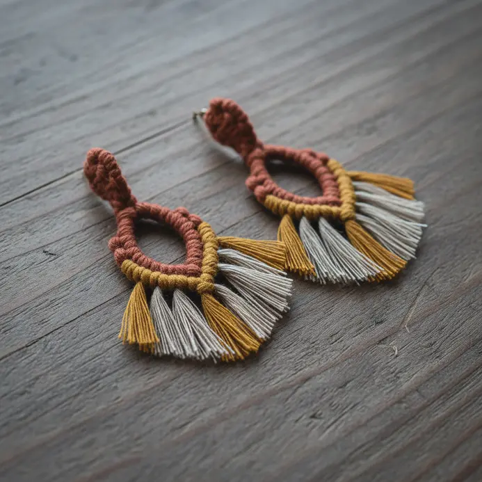 A pair of large, circular earrings made with macrame knots and long, flowing tassels in earthy tones.