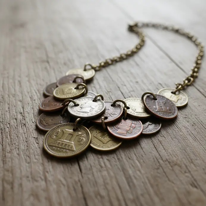 A central pendant featuring several antique coins clustered together and wired onto a long chain.