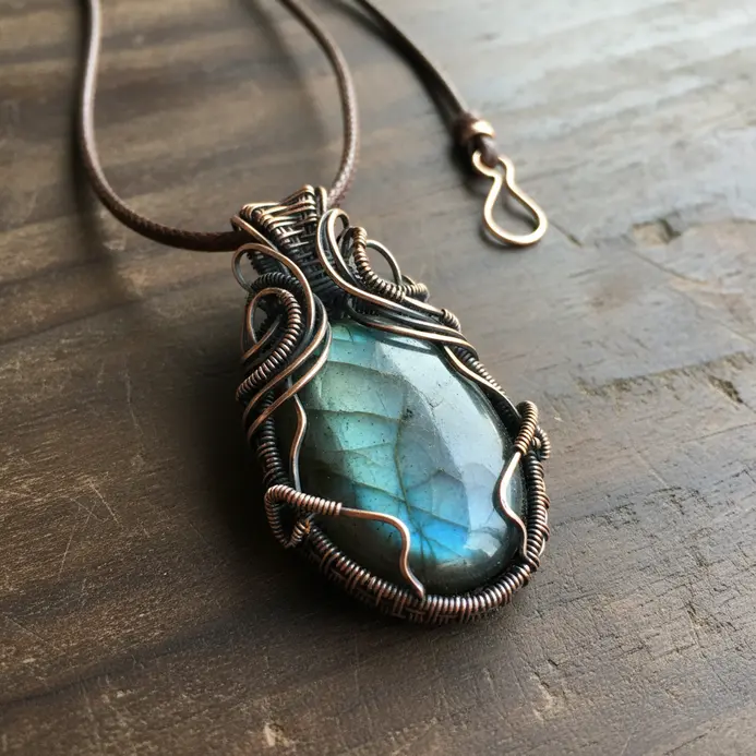 A polished labradorite stone with a blue flash, securely wrapped with copper wire to form a pendant.