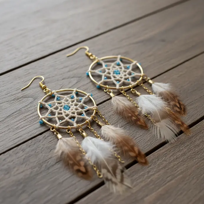 A pair of gold hoop earrings decorated with tiny beaded dreamcatchers and delicate feather charms.